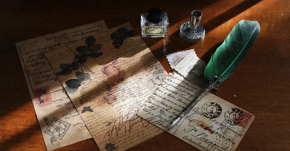 Vintage postcards, handwritten letters, a green quill, and ink bottles lie in warm sunlight.