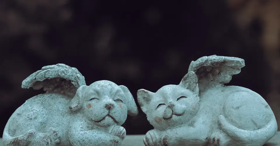 Stone cat and dog with wings add whimsical charm to any garden decor.