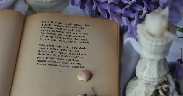 An open vintage book with poetry surrounded by purple flowers and seashells.