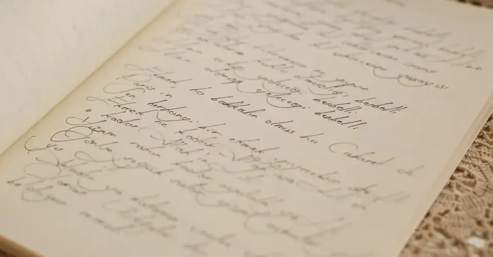 An open journal filled with cursive handwriting rests on a lace tablecloth.
