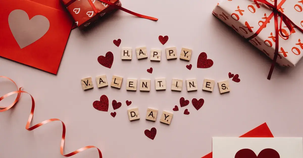 Celebratory Valentine's Day decor with gifts, hearts, and love notes.